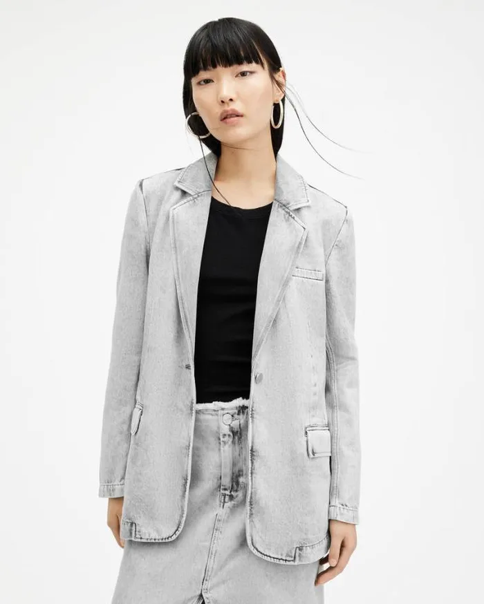 Ever Oversized Denim Blazer Snow Grey Women AllSaints Jackets and Coats