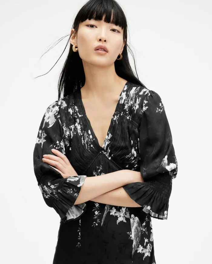Hannah Iona Jacquard VNeck Midi Dress Black Women AllSaints Dresses