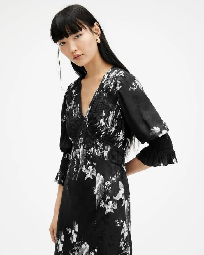 Hannah Iona Jacquard VNeck Midi Dress Black Women AllSaints Dresses