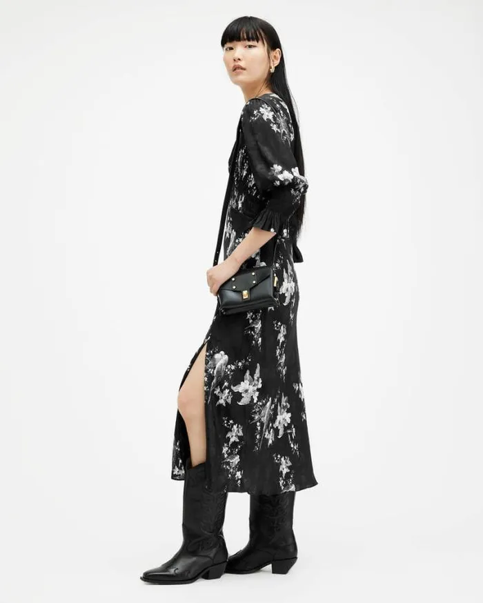 Hannah Iona Jacquard VNeck Midi Dress Black Women AllSaints Dresses