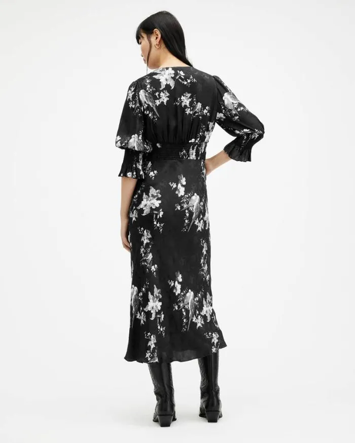 Hannah Iona Jacquard VNeck Midi Dress Black Women AllSaints Dresses