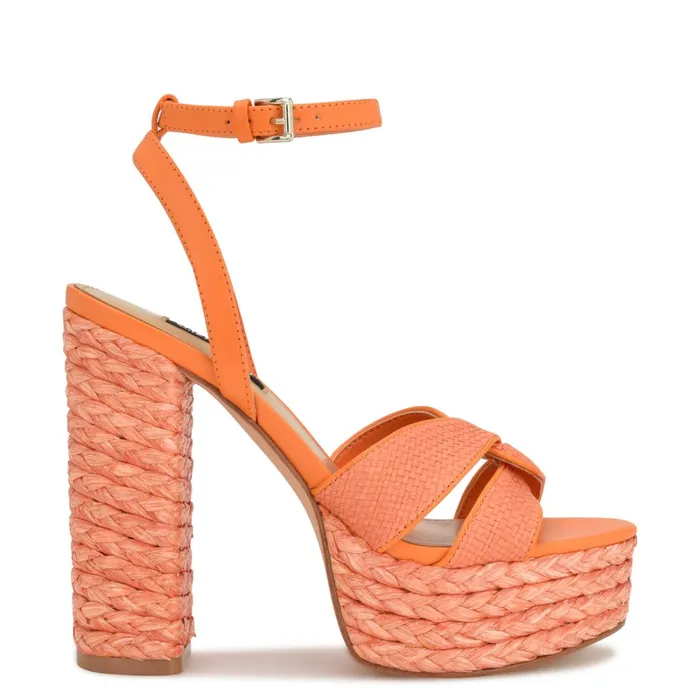 Hayya Woven Platform Sandals Neon Orange Women Nine West High Heels
