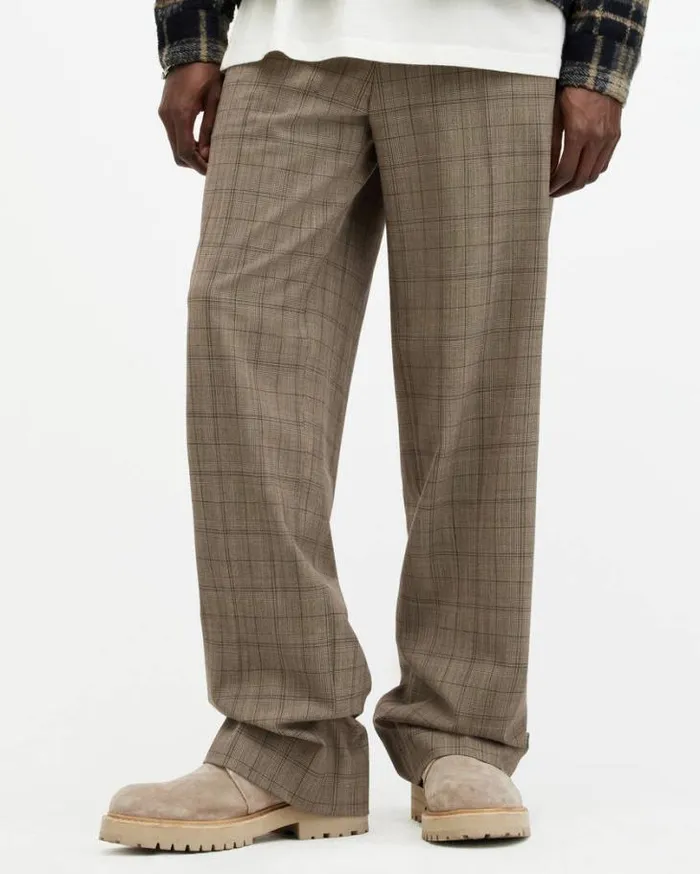 Hobart Checked Straight Fit Pants Stone White Men AllSaints Pants