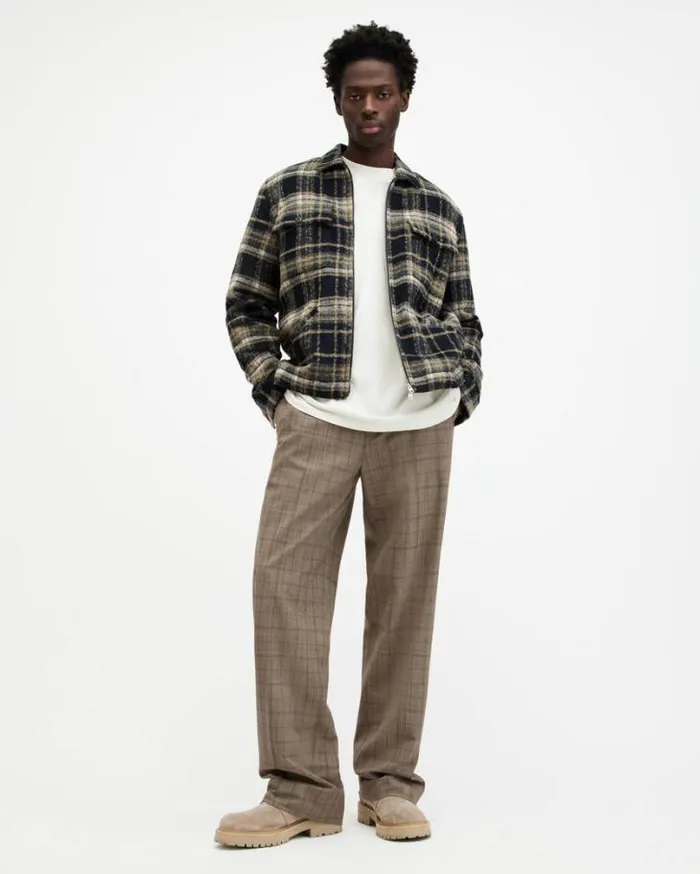 Hobart Checked Straight Fit Pants Stone White Men AllSaints Pants