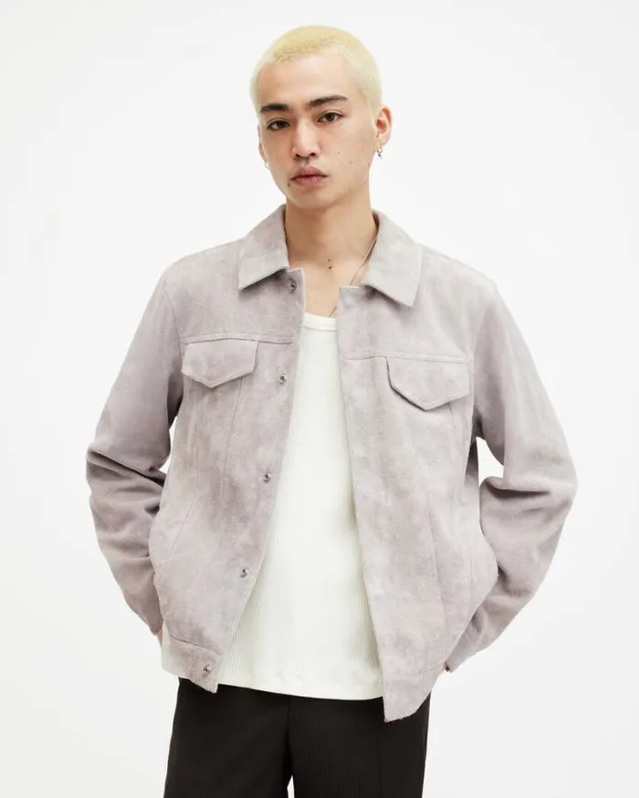 Hopper Buffed Suede Trucker Jacket Oatmeal White Men AllSaints Leather Jackets