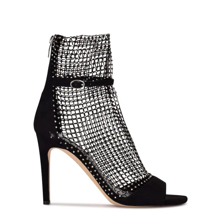 Imery Mesh Peep Toe Booties Black Rhinestone Women Nine West Boots and Booties