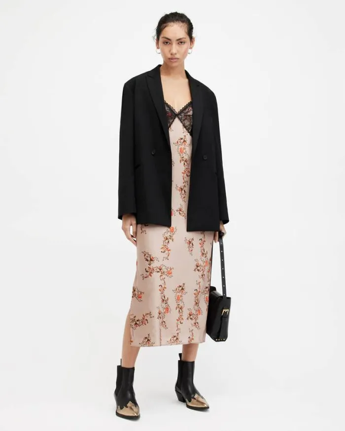 Immy Floral Oto VNeck Midi Slip Dress Almond Beige Women AllSaints Dresses