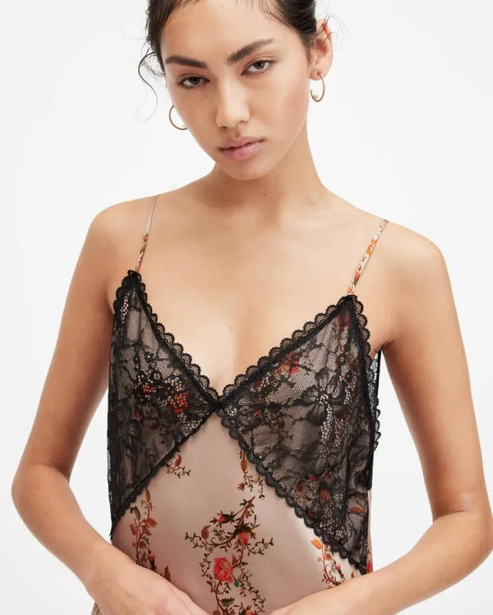 Immy Floral Oto VNeck Midi Slip Dress Almond Beige Women AllSaints Dresses