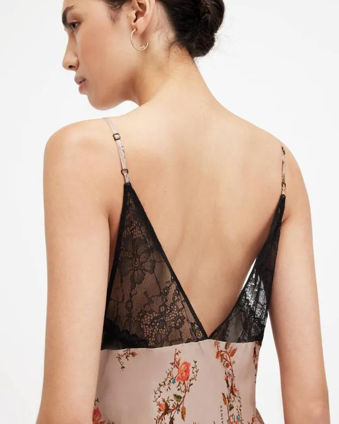 Immy Floral Oto VNeck Midi Slip Dress Almond Beige Women AllSaints Dresses