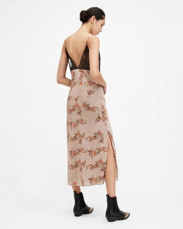 Immy Floral Oto VNeck Midi Slip Dress Almond Beige Women AllSaints Dresses