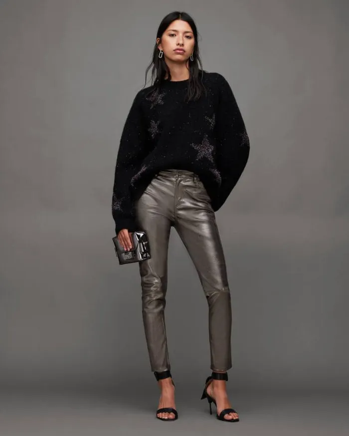 Ina Leather Metallic Pants Gunmetal Women AllSaints Pants and Leggings