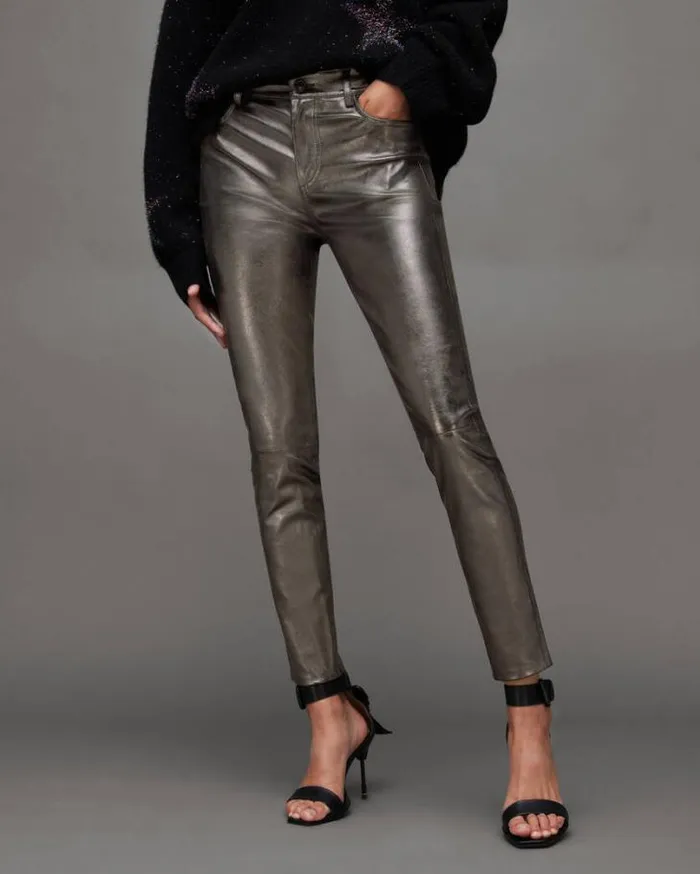 Ina Leather Metallic Pants Gunmetal Women AllSaints Pants and Leggings