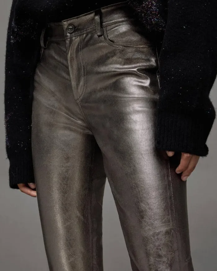 Ina Leather Metallic Pants Gunmetal Women AllSaints Pants and Leggings