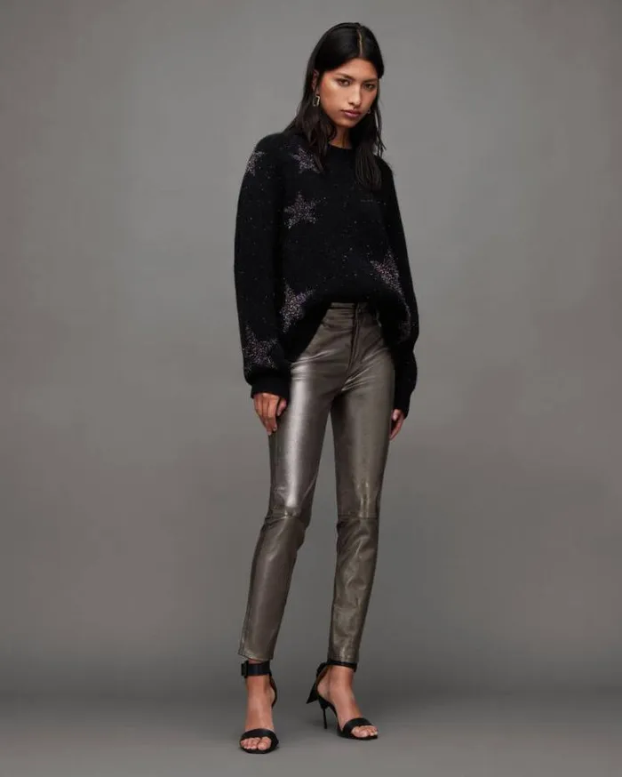 Ina Leather Metallic Pants Gunmetal Women AllSaints Pants and Leggings