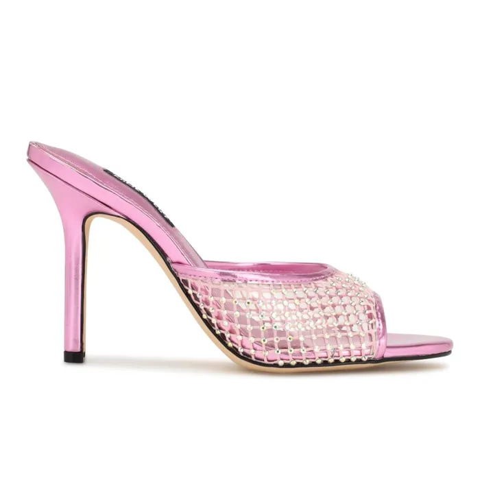 Iriep Heeled Slide Sandals Pink Metallic Mesh Women Nine West Sandals