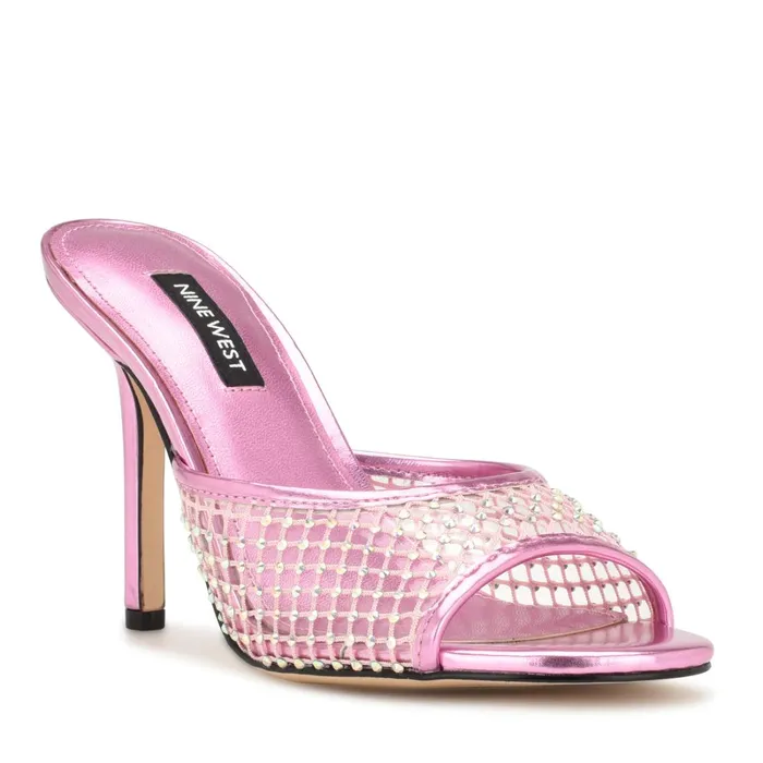 Iriep Heeled Slide Sandals Pink Metallic Mesh Women Nine West Sandals Iriep Heeled Slide Sandals Pink Metallic Mesh Women Nine West Sandals