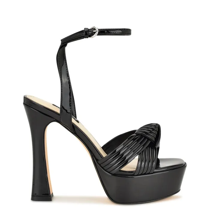 Irna Platform Ankle Strap Knotted Sandals Black Patent Women Nine West Heeled