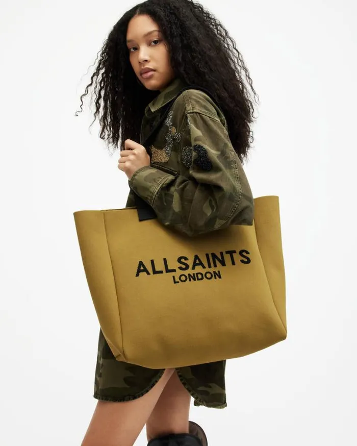 Izzy Logo Print Knitted Tote Bag Sap Green Women AllSaints Handbags and Wallets Izzy Logo Print Knitted Tote Bag Sap Green Women AllSaints Handbags and Wallets