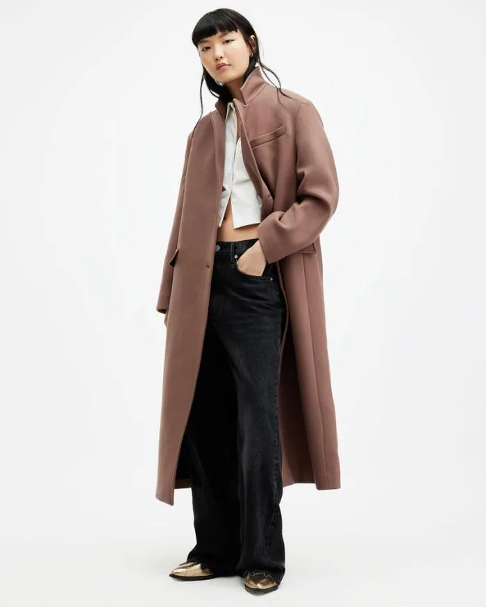 James Wool Blend Maxi Length Coat Chestnut Brown Women AllSaints Jackets and Coats