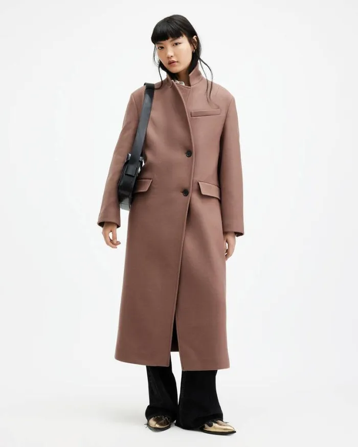 James Wool Blend Maxi Length Coat Chestnut Brown Women AllSaints Jackets and Coats James Wool Blend Maxi Length Coat Chestnut Brown Women AllSaints Jackets and Coats