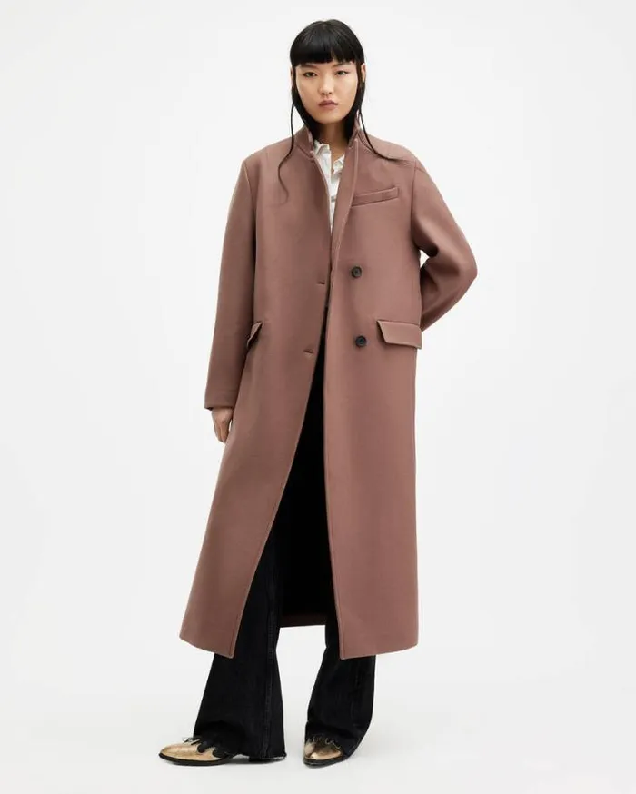 James Wool Blend Maxi Length Coat Chestnut Brown Women AllSaints Jackets and Coats James Wool Blend Maxi Length Coat Chestnut Brown Women AllSaints Jackets and Coats