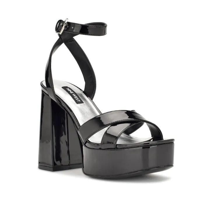 Joya Platform Sandals Black Patent Women Nine West High Heels Joya Platform Sandals Black Patent Women Nine West High Heels