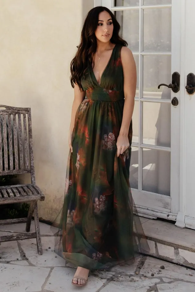 Kamila Tulle Maxi Dress Olive Multi Floral Women Baltic Born Maxi Dresses