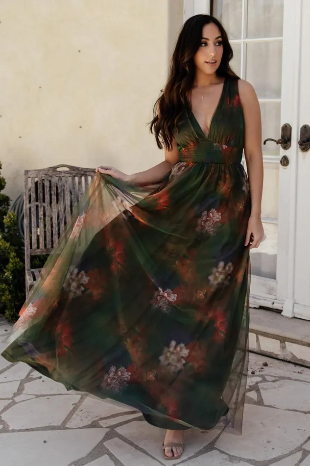 Kamila Tulle Maxi Dress Olive Multi Floral Women Baltic Born Maxi Dresses