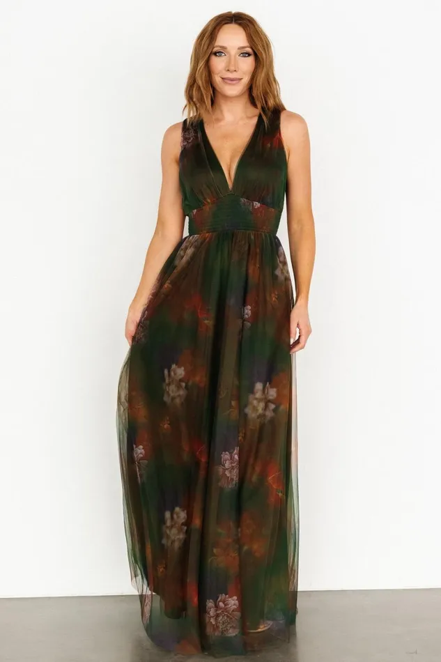 Kamila Tulle Maxi Dress Olive Multi Floral Women Baltic Born Maxi Dresses