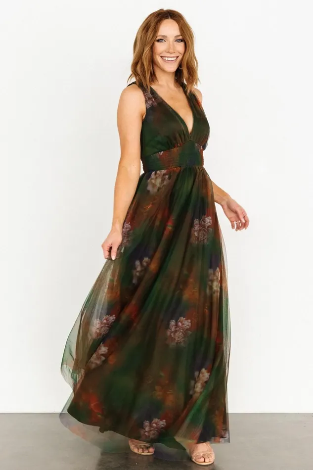 Kamila Tulle Maxi Dress Olive Multi Floral Women Baltic Born Maxi Dresses