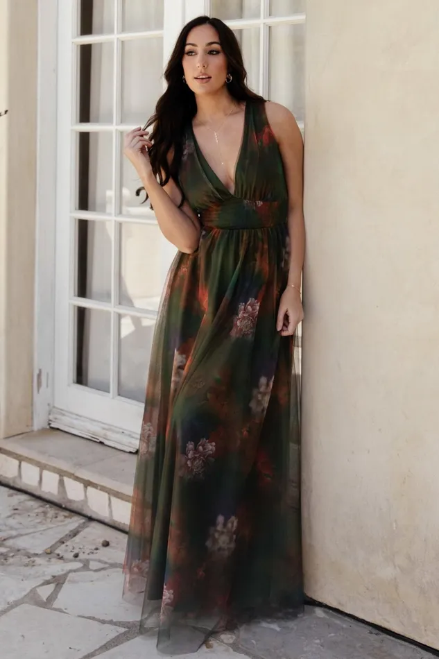 Kamila Tulle Maxi Dress Olive Multi Floral Women Baltic Born Maxi Dresses