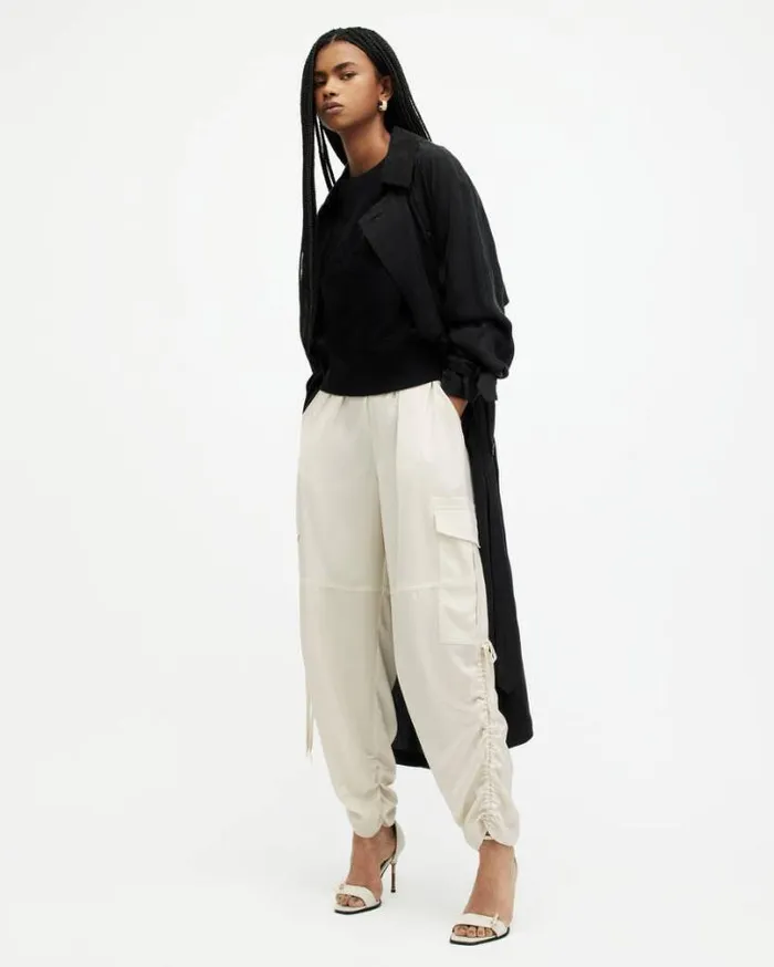 Kaye Straight Fit Drawcord Pants Beige White Women AllSaints Pants and Leggings