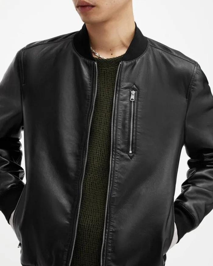 Kemble Recycled Leather Bomber Jacket Black Men AllSaints Leather Jackets