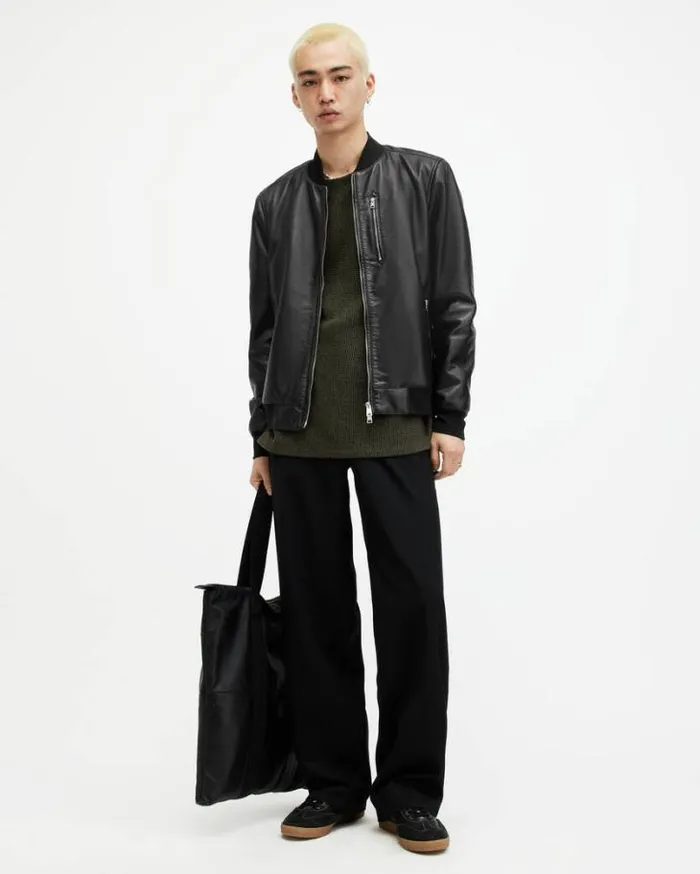 Kemble Recycled Leather Bomber Jacket Black Men AllSaints Leather Jackets