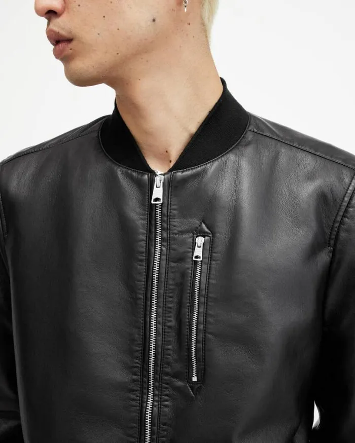 Kemble Recycled Leather Bomber Jacket Black Men AllSaints Leather Jackets