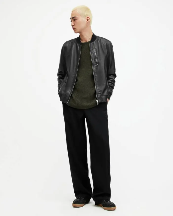 Kemble Recycled Leather Bomber Jacket Black Men AllSaints Leather Jackets