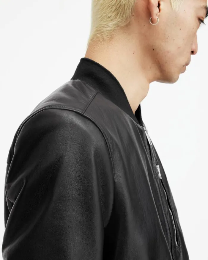 Kemble Recycled Leather Bomber Jacket Black Men AllSaints Leather Jackets