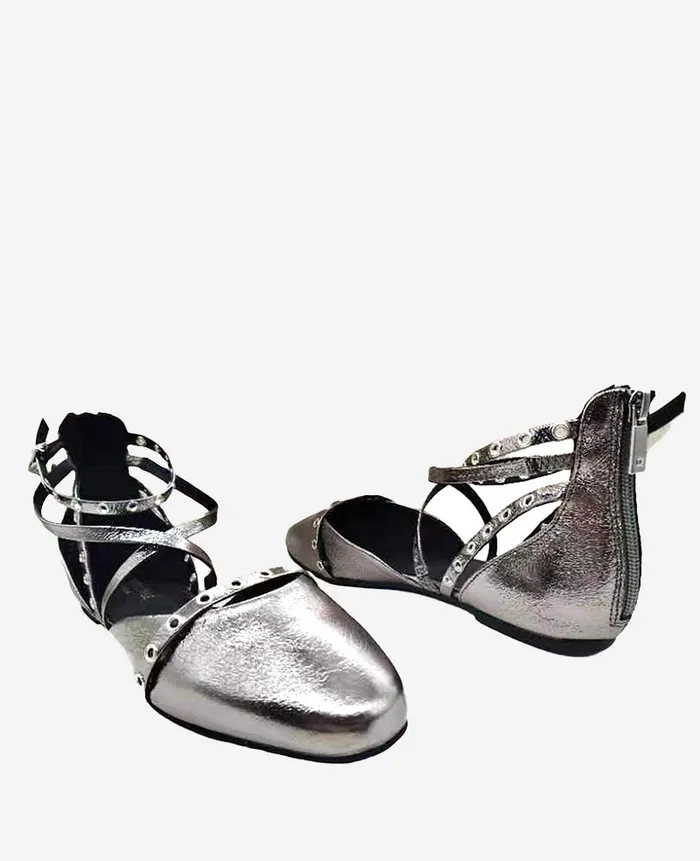 Kenneth Cole Flats and Loafers Women Mason Strappy Metallic Stud Flat Pewter Kenneth Cole Flats and Loafers Women Mason Strappy Metallic Stud Flat Pewter