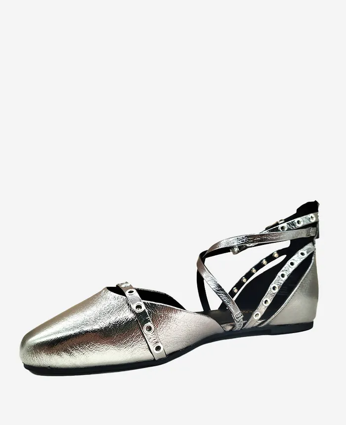 Kenneth Cole Flats and Loafers Women Mason Strappy Metallic Stud Flat Pewter Kenneth Cole Flats and Loafers Women Mason Strappy Metallic Stud Flat Pewter