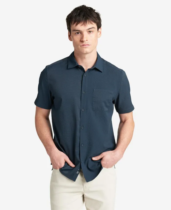 Kenneth Cole Shirts Men Slim Fit ShortSleeve MixedMedia Shirt Navy