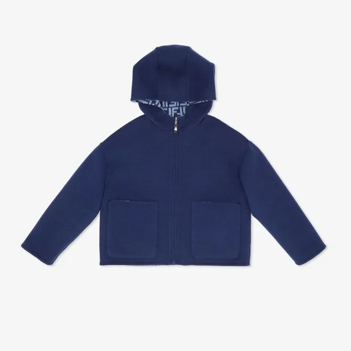 Kids Blue DoubleFace Wool Cloth Jacket With Logo Blue Fendi Ready To Wear