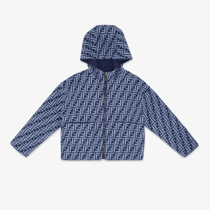 Kids Blue DoubleFace Wool Cloth Jacket With Logo Blue Fendi Ready To Wear