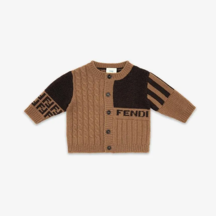 Kids Brown And Tobacco Knitted Baby Cardigan Brown Fendi Baby Girl