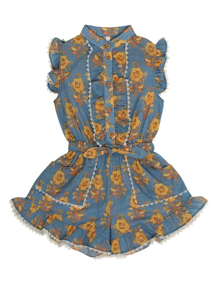 Kids Clothing Zimmermann Junie Frill Playsuit Blueyellow Floral