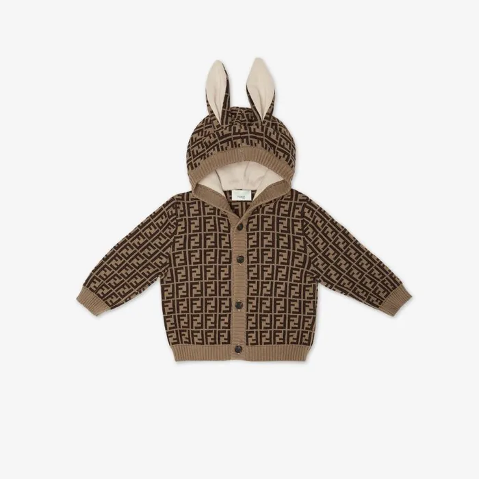 Kids Cotton And Cashmere Baby Cardigan With Ears And TobaccoColoured Ff Logo Fendi Baby Boy