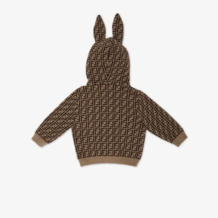 Kids Cotton And Cashmere Baby Cardigan With Ears And TobaccoColoured Ff Logo Fendi Baby Boy