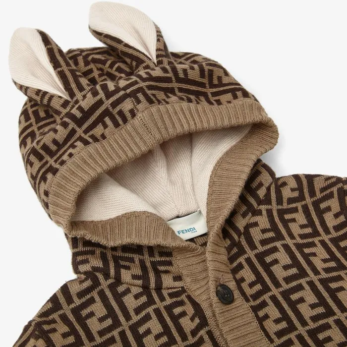 Kids Cotton And Cashmere Baby Cardigan With Ears And TobaccoColoured Ff Logo Fendi Baby Boy