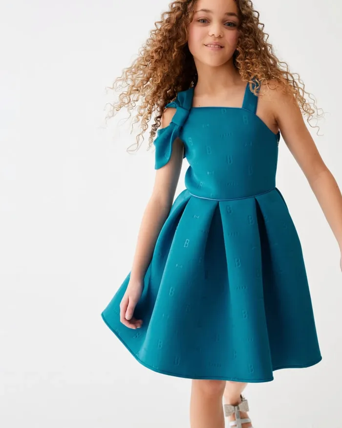 Kids MINDIEE 8211 Bow Shoulder Logo Scuba Dress Blue Ted Baker Dresses