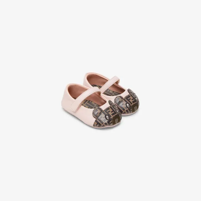 Kids Pink Leather Baby Ballerinas With Teddy Bear Logo Pink Fendi Strollers and Accessories