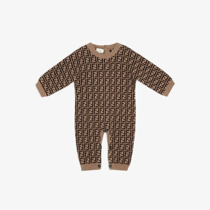 Kids Tobacco Cotton And Cashmere Playsuit Fendi Baby Boy